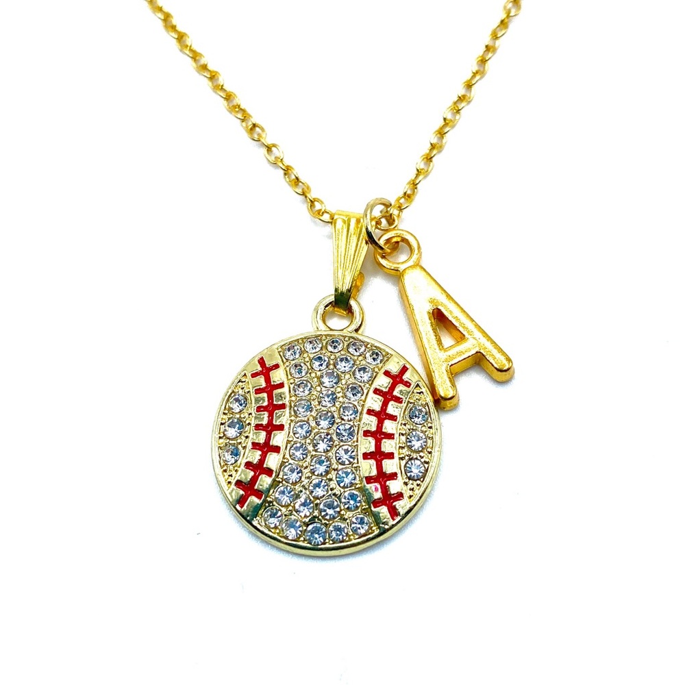 Baseball Necklace Gold Rhinestone - Picture 4 of 7